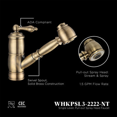Solid brass deck mount single-hole kitchen faucet with a pull-out spray head and lever handle
