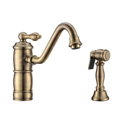 Single lever faucet with traditional swivel spout and solid brass side spray