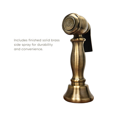 Single lever faucet with traditional swivel spout and solid brass side spray