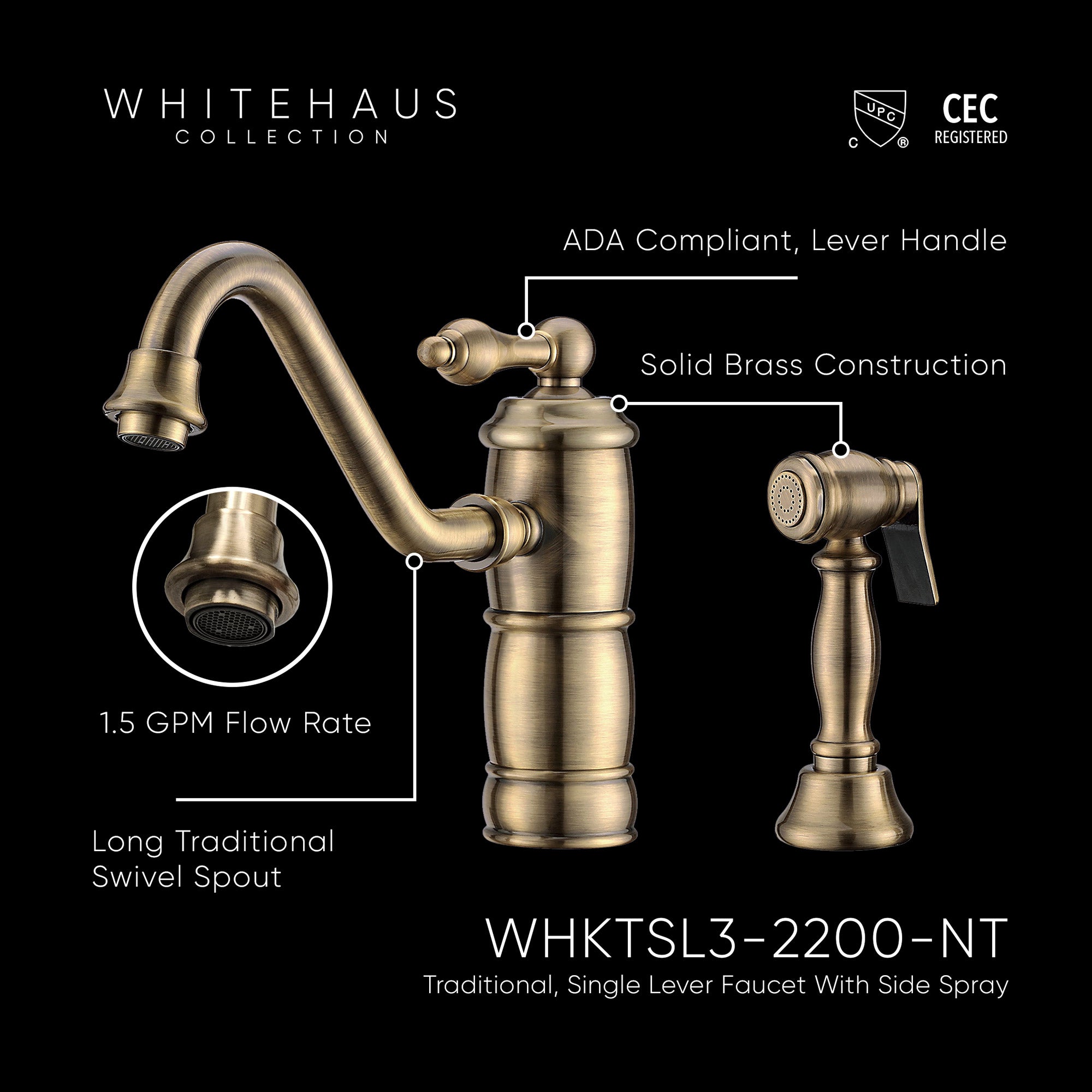 Single lever faucet with traditional swivel spout and solid brass side spray