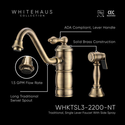 Single lever faucet with traditional swivel spout and solid brass side spray