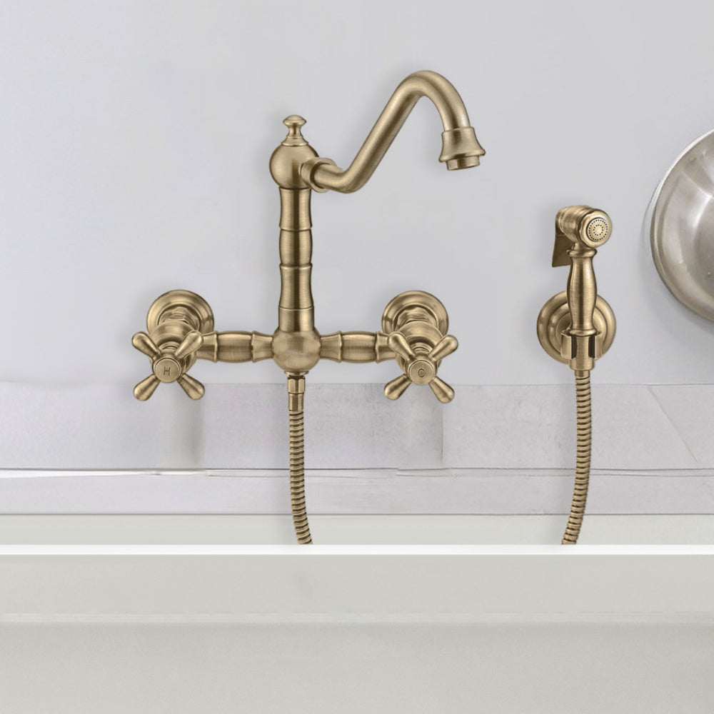 Wall Mount Faucet with a  Long Traditional Swivel Spout, Cross Handles and Solid Brass Side Spray