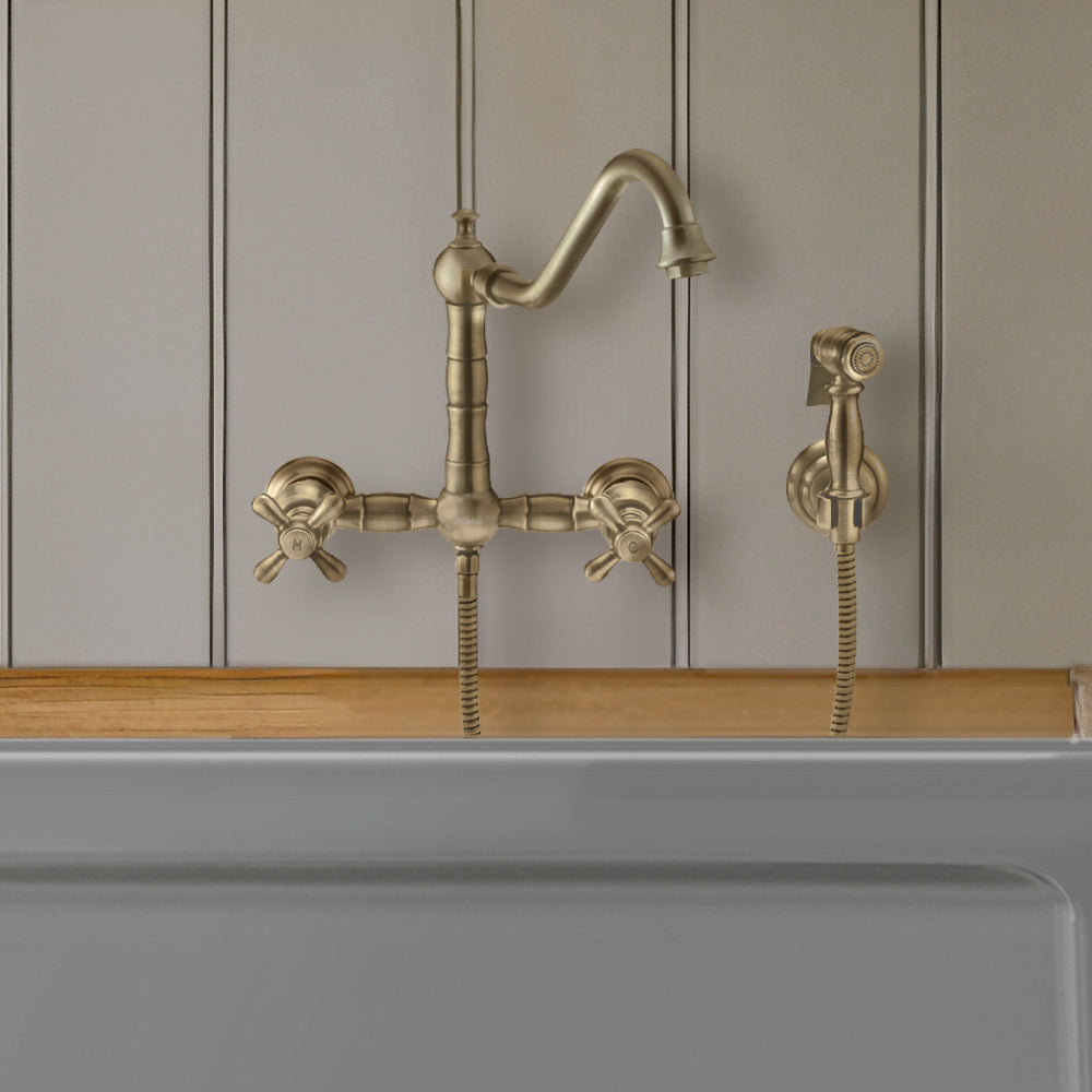 Wall Mount Faucet with a  Long Traditional Swivel Spout, Cross Handles and Solid Brass Side Spray