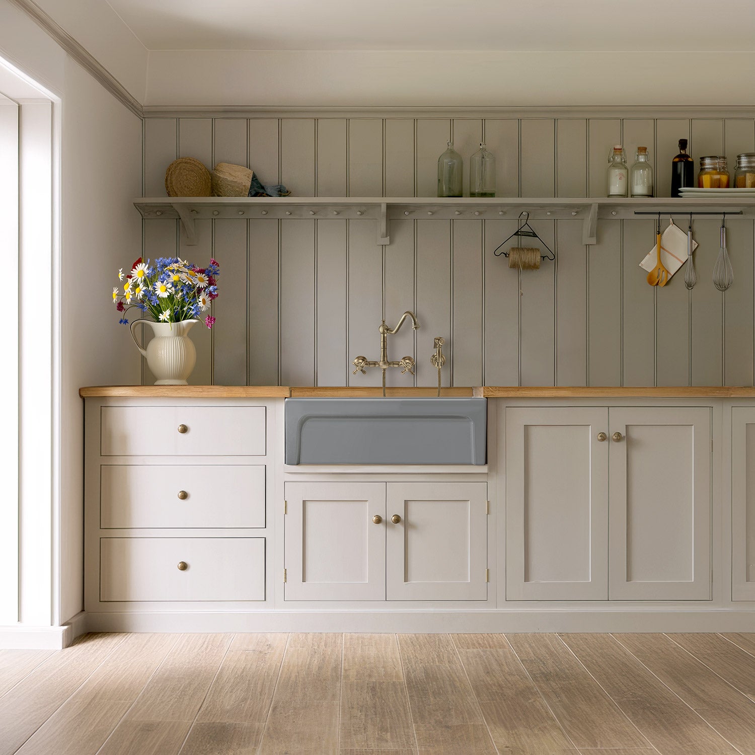 Wall Mount Faucet with a  Long Traditional Swivel Spout, Cross Handles and Solid Brass Side Spray