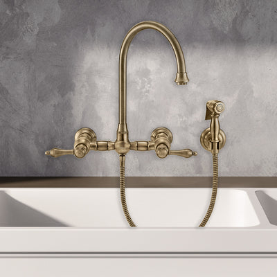 Vintage III Plus Wall Mount Faucet with a  Long Gooseneck Swivel Spout, Lever Handles and Solid Brass Side Spray