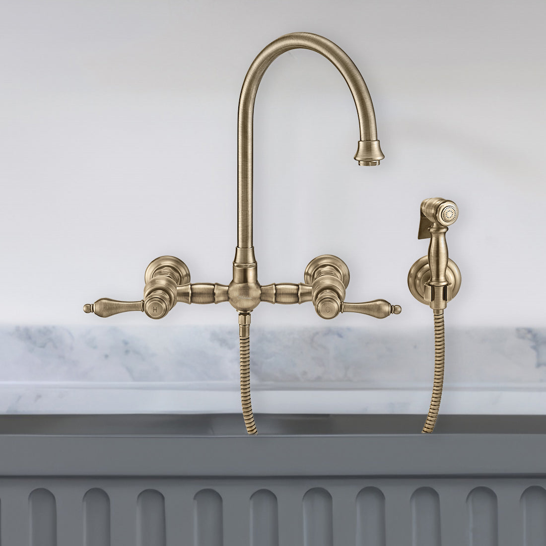 Vintage III Plus Wall Mount Faucet with a  Long Gooseneck Swivel Spout, Lever Handles and Solid Brass Side Spray