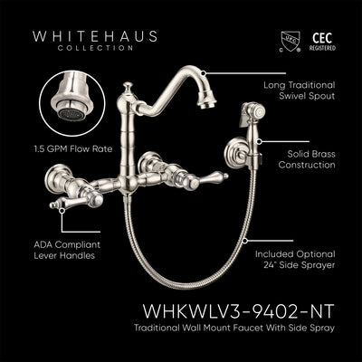 Wall Mount Faucet with a  Long Traditional Swivel Spout, Lever Handles and Solid Brass Side Spray