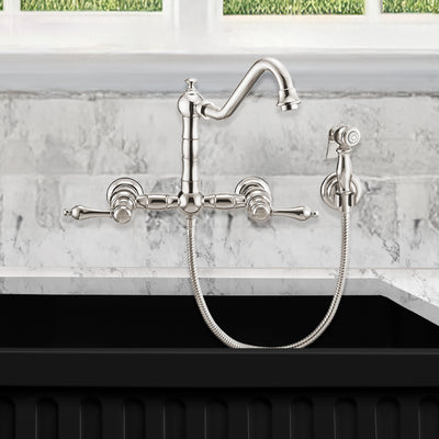 Wall Mount Faucet with a  Long Traditional Swivel Spout, Lever Handles and Solid Brass Side Spray