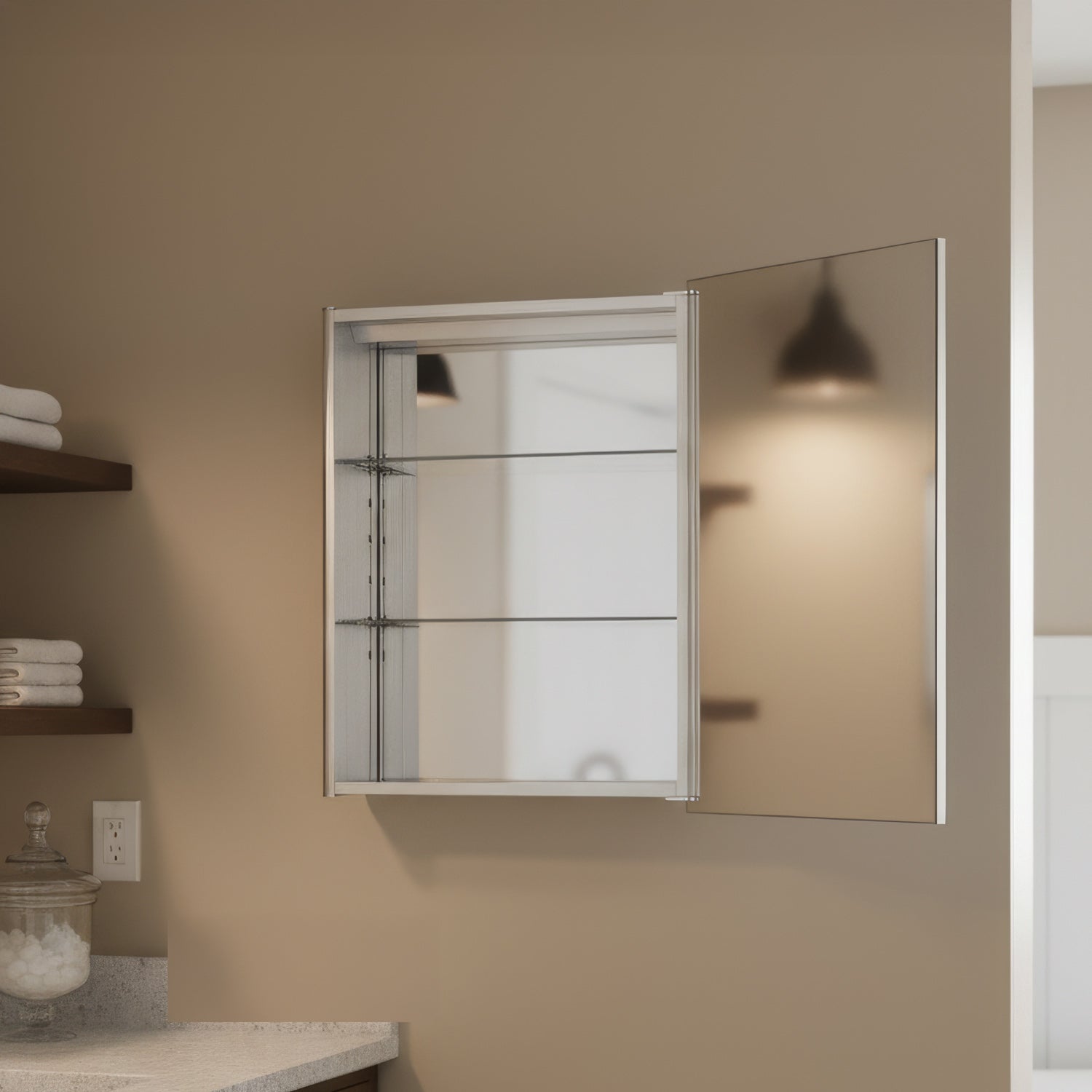 Anodized aluminum surface mount single mirrored door medicine cabinet