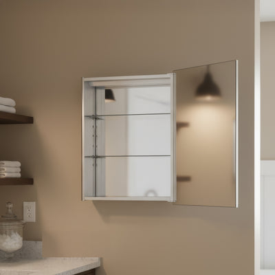Anodized aluminum surface mount single mirrored door medicine cabinet