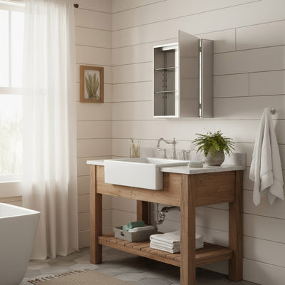Anodized aluminum surface mount single mirrored door medicine cabinet