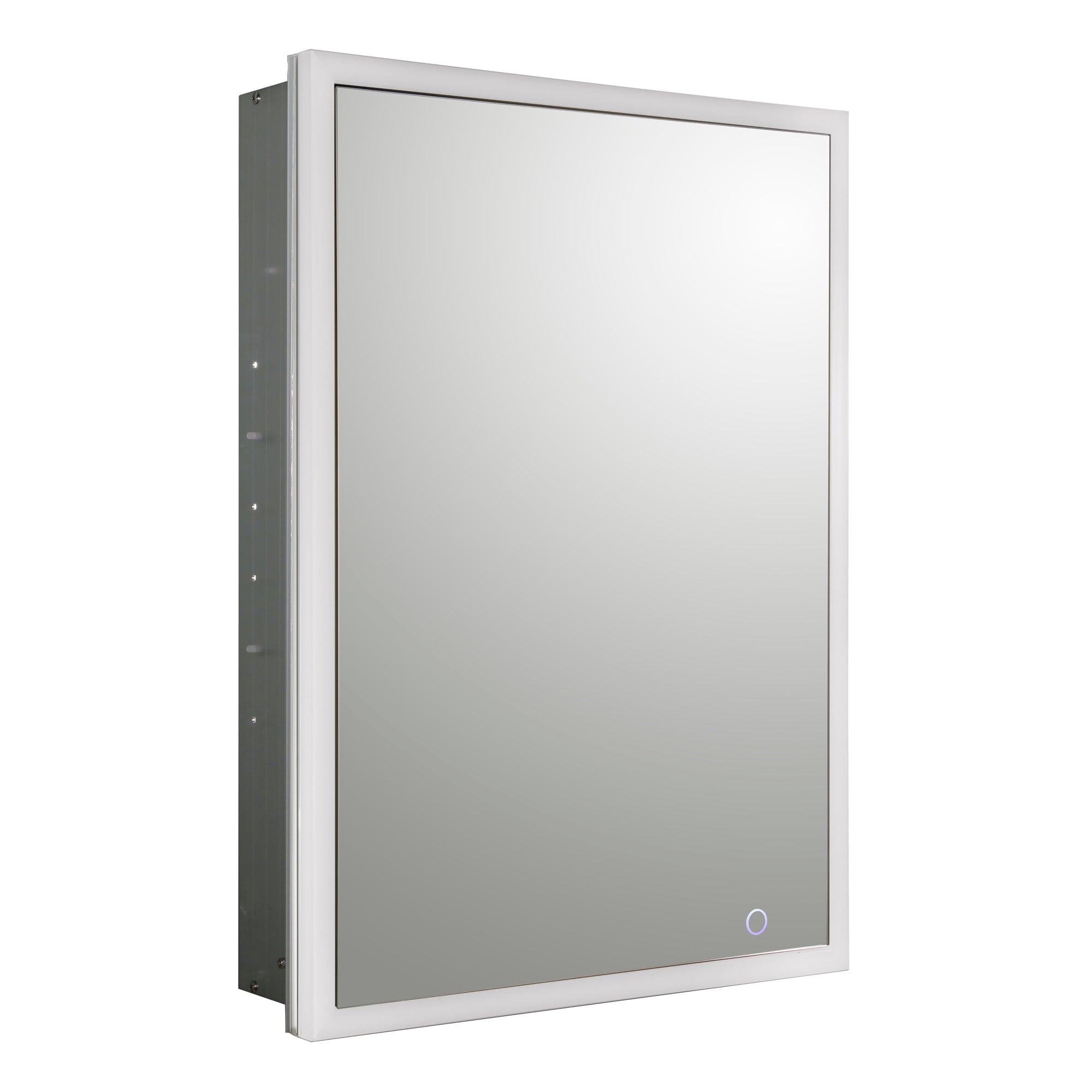 Anodized aluminum recessed single mirrored door medicine cabinet with outlet, defogger, led power button and dimmer for light