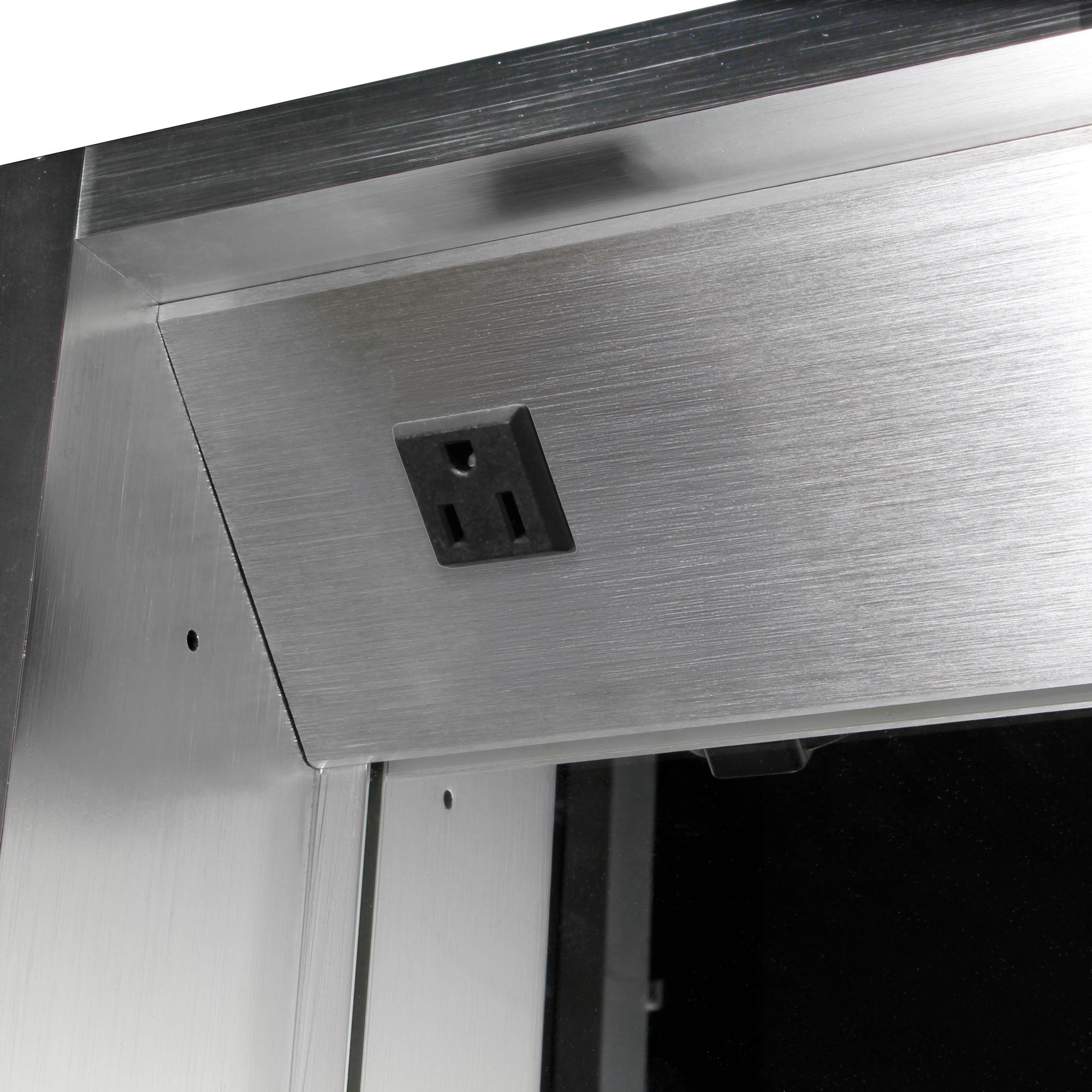 Anodized aluminum recessed single mirrored door medicine cabinet with outlet, defogger, led power button and dimmer for light