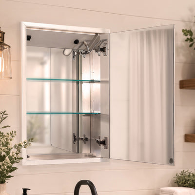 Anodized aluminum recessed single mirrored door medicine cabinet with outlet, defogger, led power button and dimmer for light
