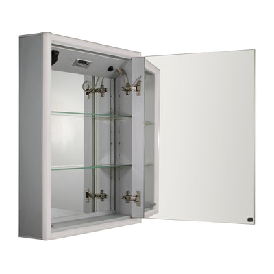 Anodized aluminum surface mount single mirrored door medicine cabinet with USB, SD card, Bluetooth, FM radio, speakers, defogger & dimmer