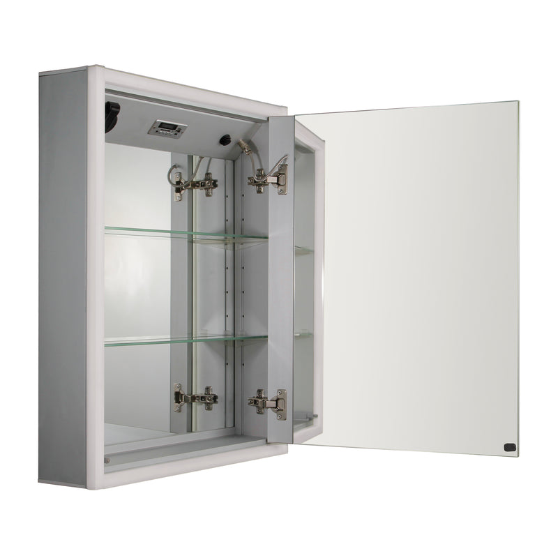 Anodized aluminum surface mount single mirrored door medicine cabinet with USB, SD card, Bluetooth, FM radio, speakers, defogger & dimmer