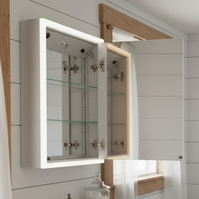 Anodized aluminum surface mount single mirrored door medicine cabinet with USB, SD card, Bluetooth, FM radio, speakers, defogger & dimmer