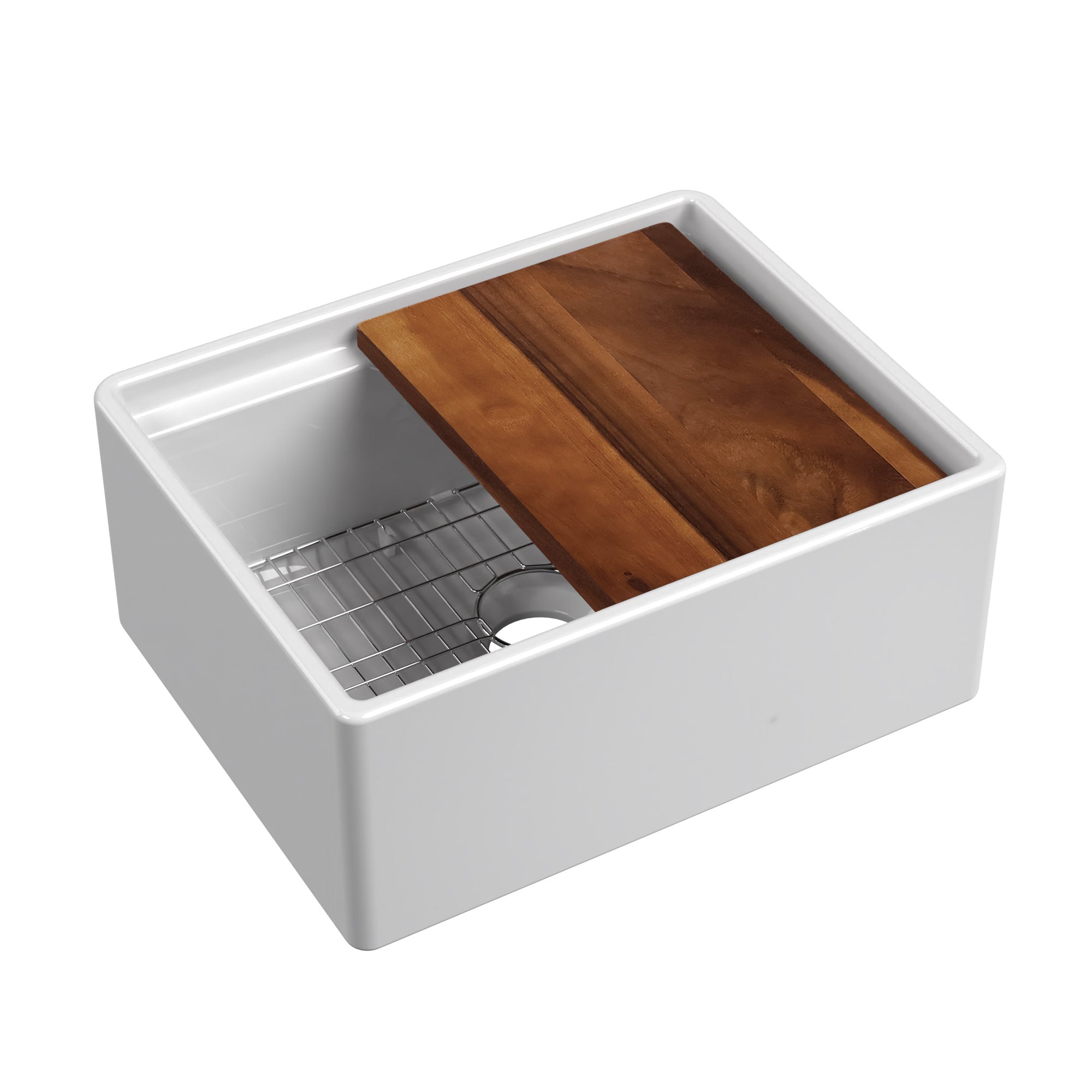 Front apron single bowl fireclay kitchen sinks with walnut wood cutting board and stainless steel grid