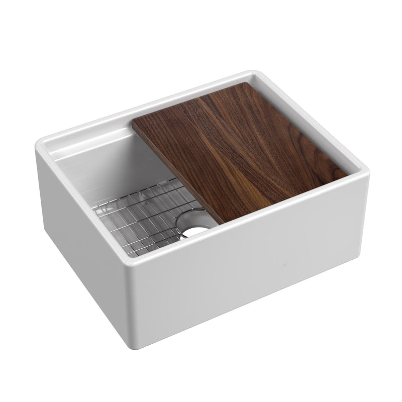 Front Apron Single Bowl Fireclay Kitchen Sinks With Walnut Wood Cutting Board and Stainless Steel Grid