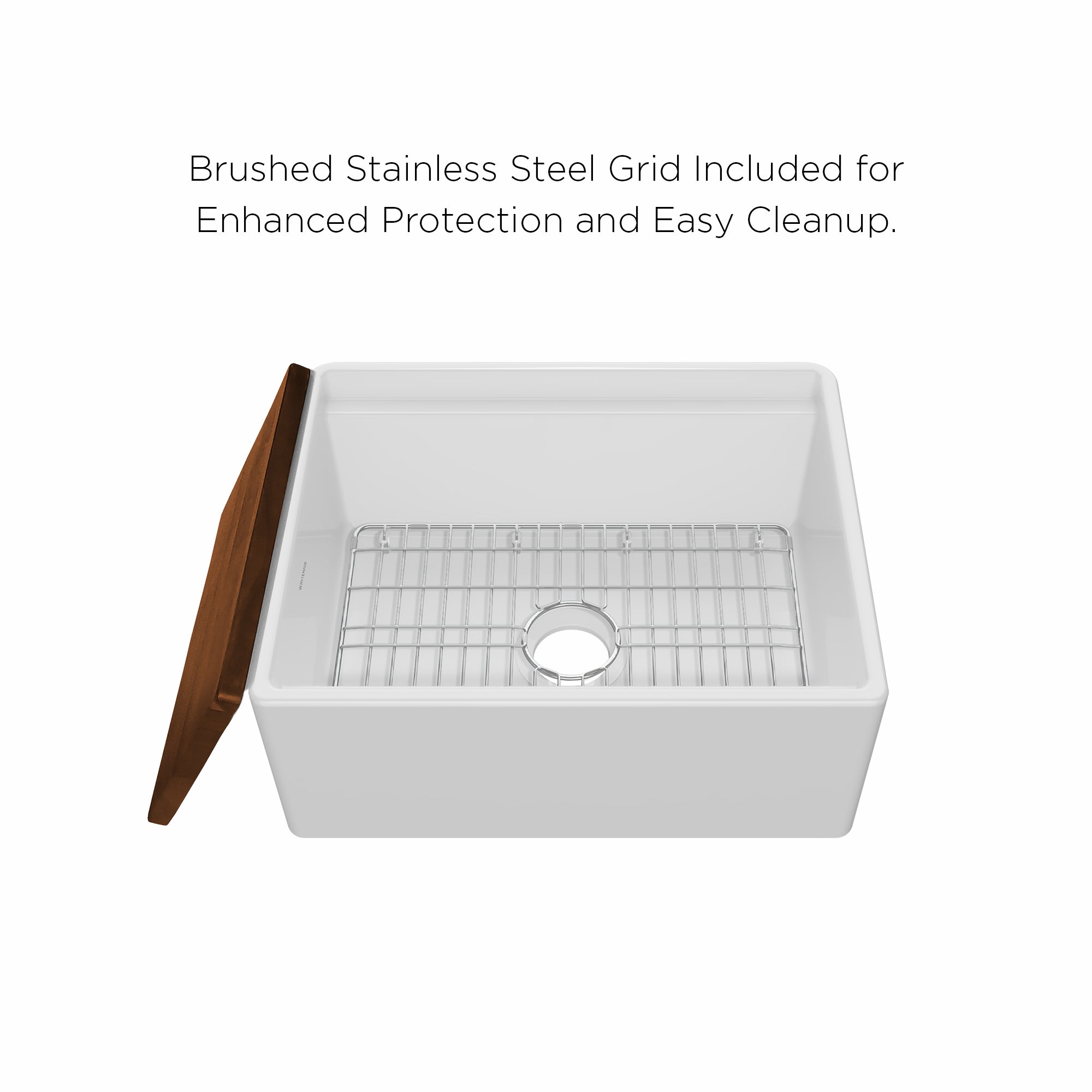 Front apron single bowl fireclay kitchen sinks with walnut wood cutting board and stainless steel grid