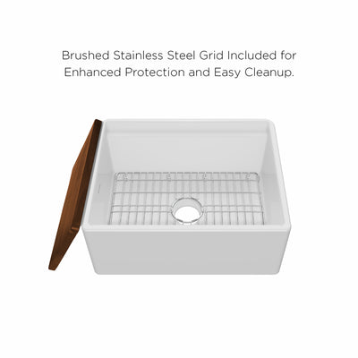 Front apron single bowl fireclay kitchen sinks with walnut wood cutting board and stainless steel grid