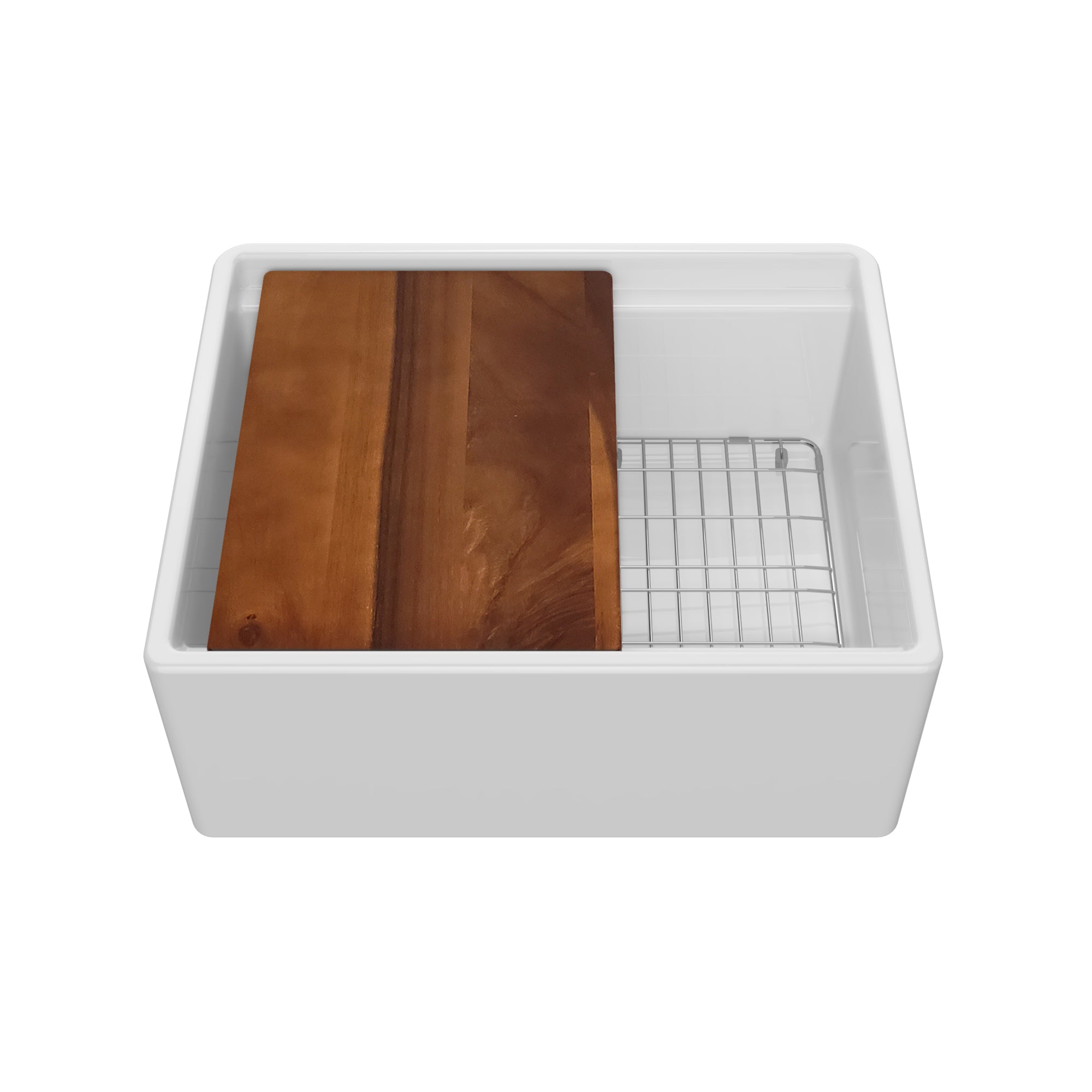 Front apron single bowl fireclay kitchen sinks with walnut wood cutting board and stainless steel grid