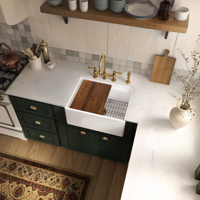 Front apron single bowl fireclay kitchen sinks with walnut wood cutting board and stainless steel grid