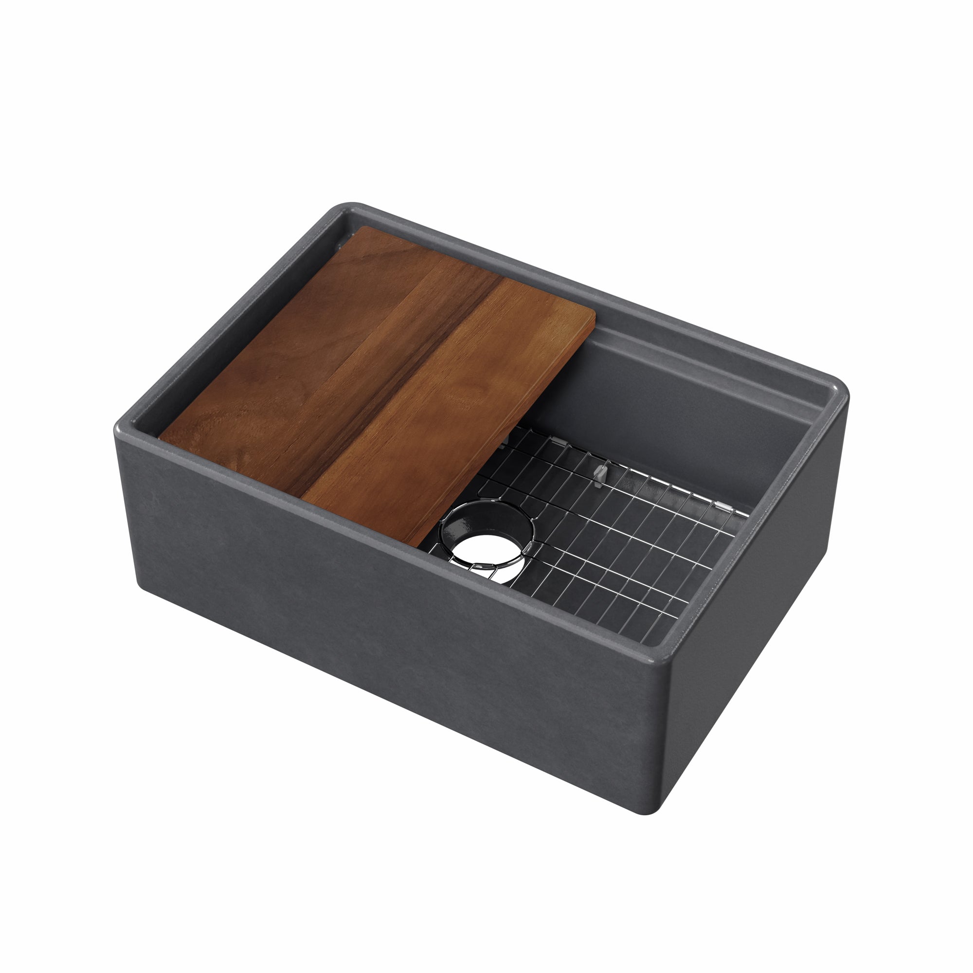 Front apron single bowl fireclay kitchen sinks with walnut wood cutting board and stainless steel grid