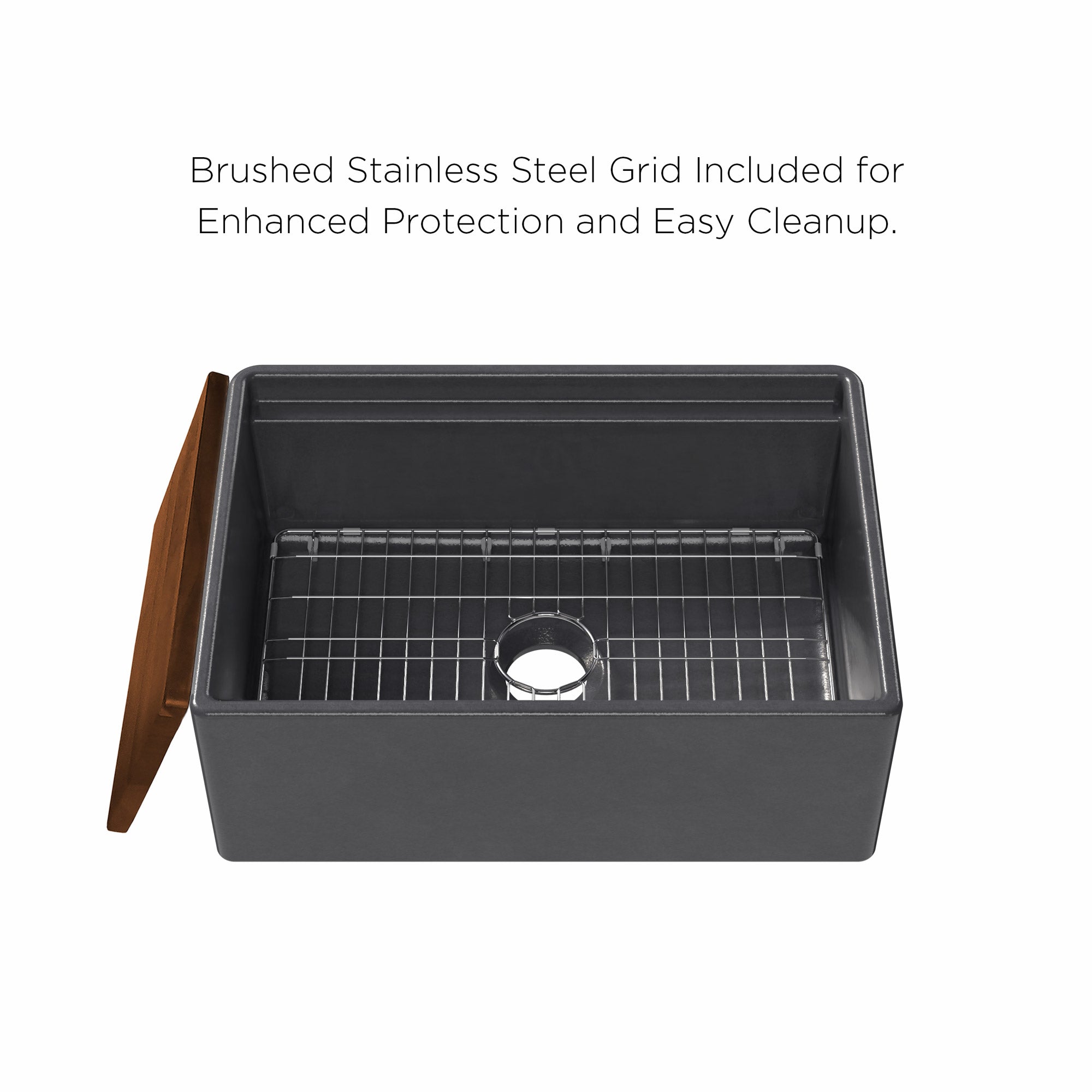 Front apron single bowl fireclay kitchen sinks with walnut wood cutting board and stainless steel grid