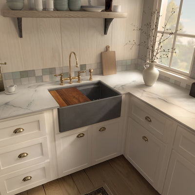 Front apron single bowl fireclay kitchen sinks with walnut wood cutting board and stainless steel grid