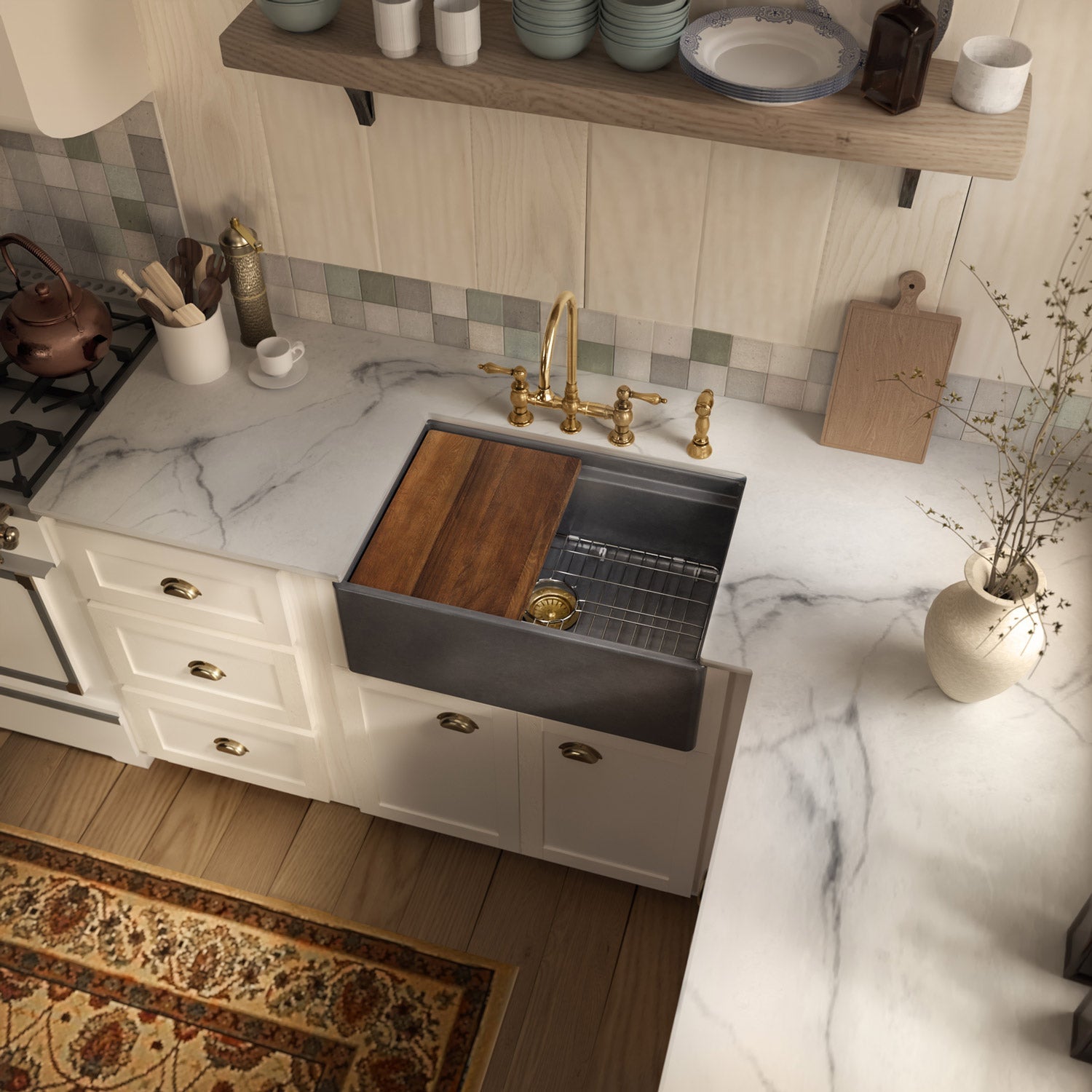 Front apron single bowl fireclay kitchen sinks with walnut wood cutting board and stainless steel grid