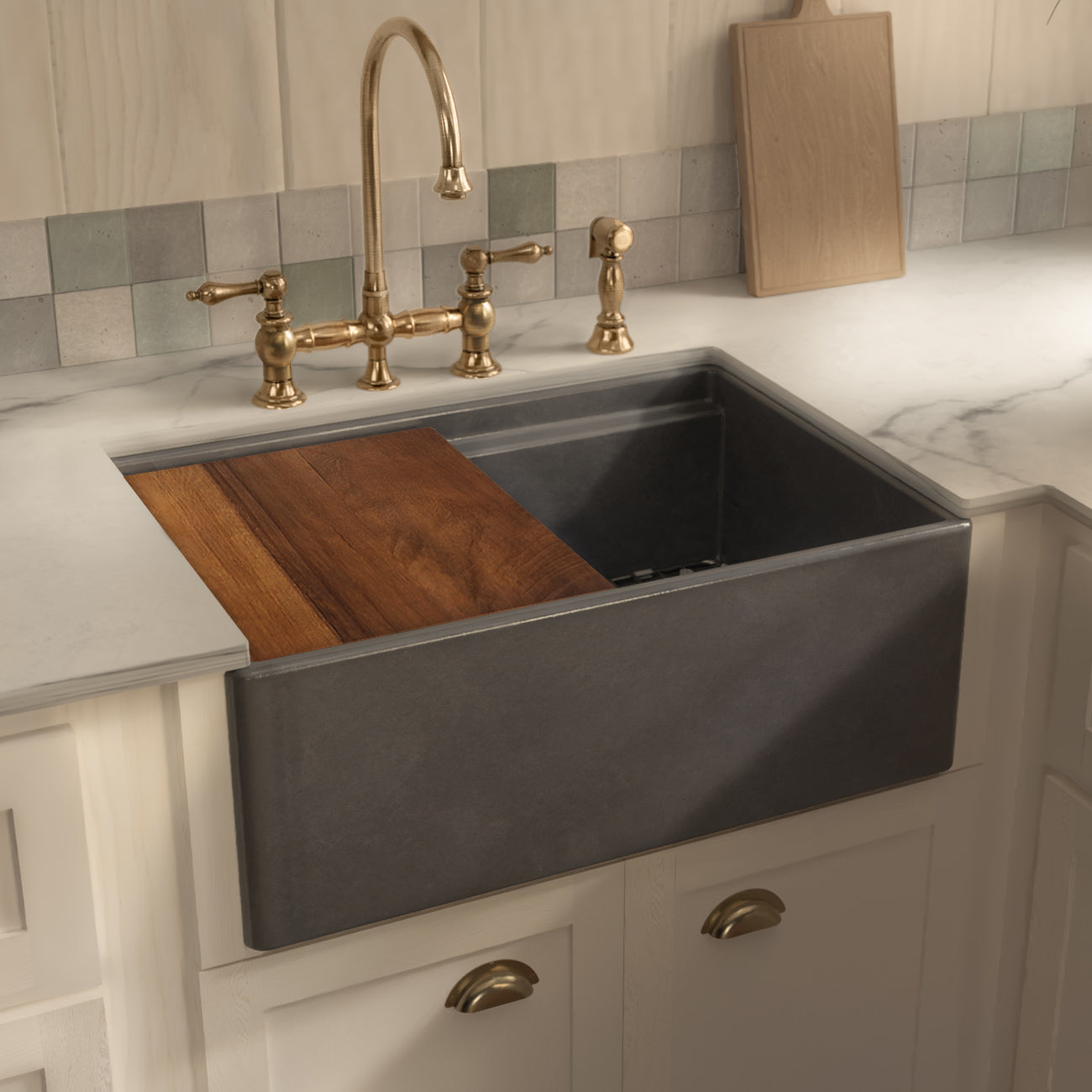 Front apron single bowl fireclay kitchen sinks with walnut wood cutting board and stainless steel grid