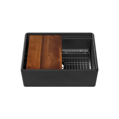 Front apron single bowl fireclay kitchen sinks with walnut wood cutting board and stainless steel grid