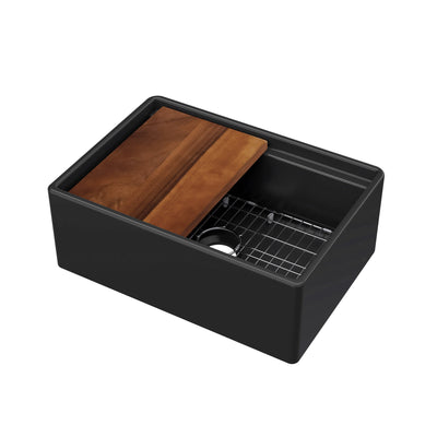 Front apron single bowl fireclay kitchen sinks with walnut wood cutting board and stainless steel grid