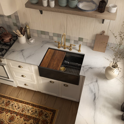 Front apron single bowl fireclay kitchen sinks with walnut wood cutting board and stainless steel grid