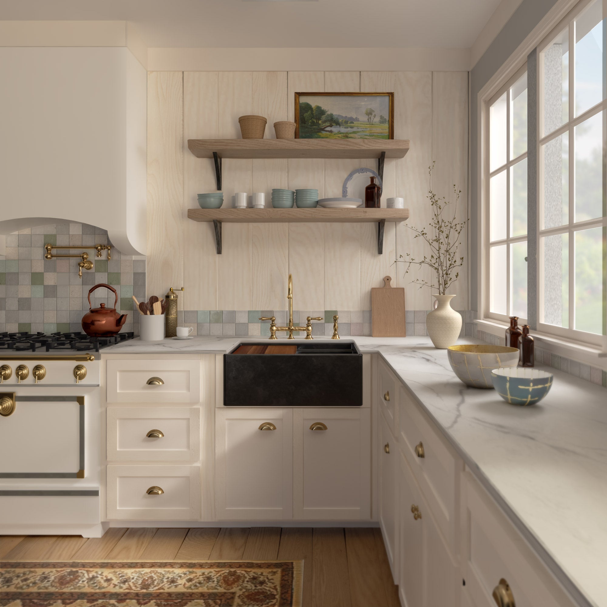 Front apron single bowl fireclay kitchen sinks with walnut wood cutting board and stainless steel grid