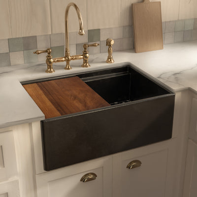 Front apron single bowl fireclay kitchen sinks with walnut wood cutting board and stainless steel grid