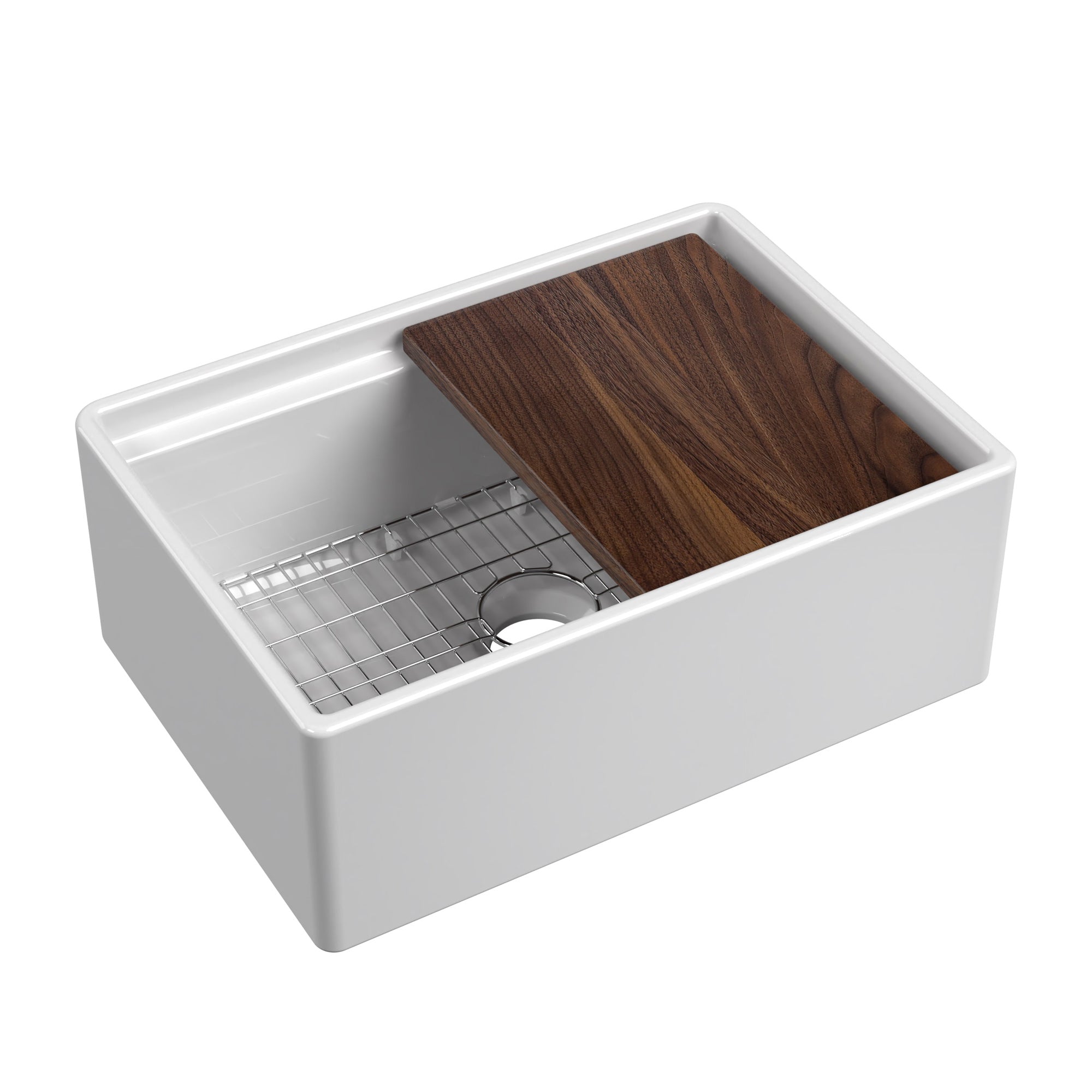 Front Apron Single Bowl Fireclay Kitchen Sinks With Walnut Wood Cutting Board and Stainless Steel Grid