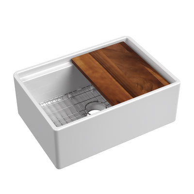 Front apron single bowl fireclay kitchen sinks with walnut wood cutting board and stainless steel grid