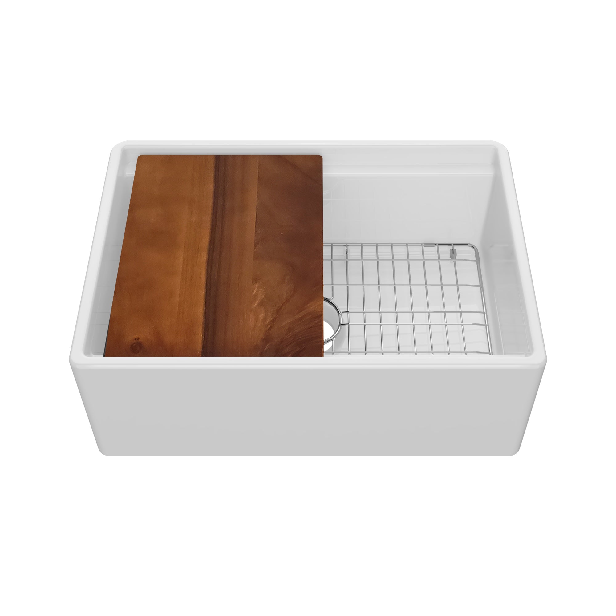 Front apron single bowl fireclay kitchen sinks with walnut wood cutting board and stainless steel grid