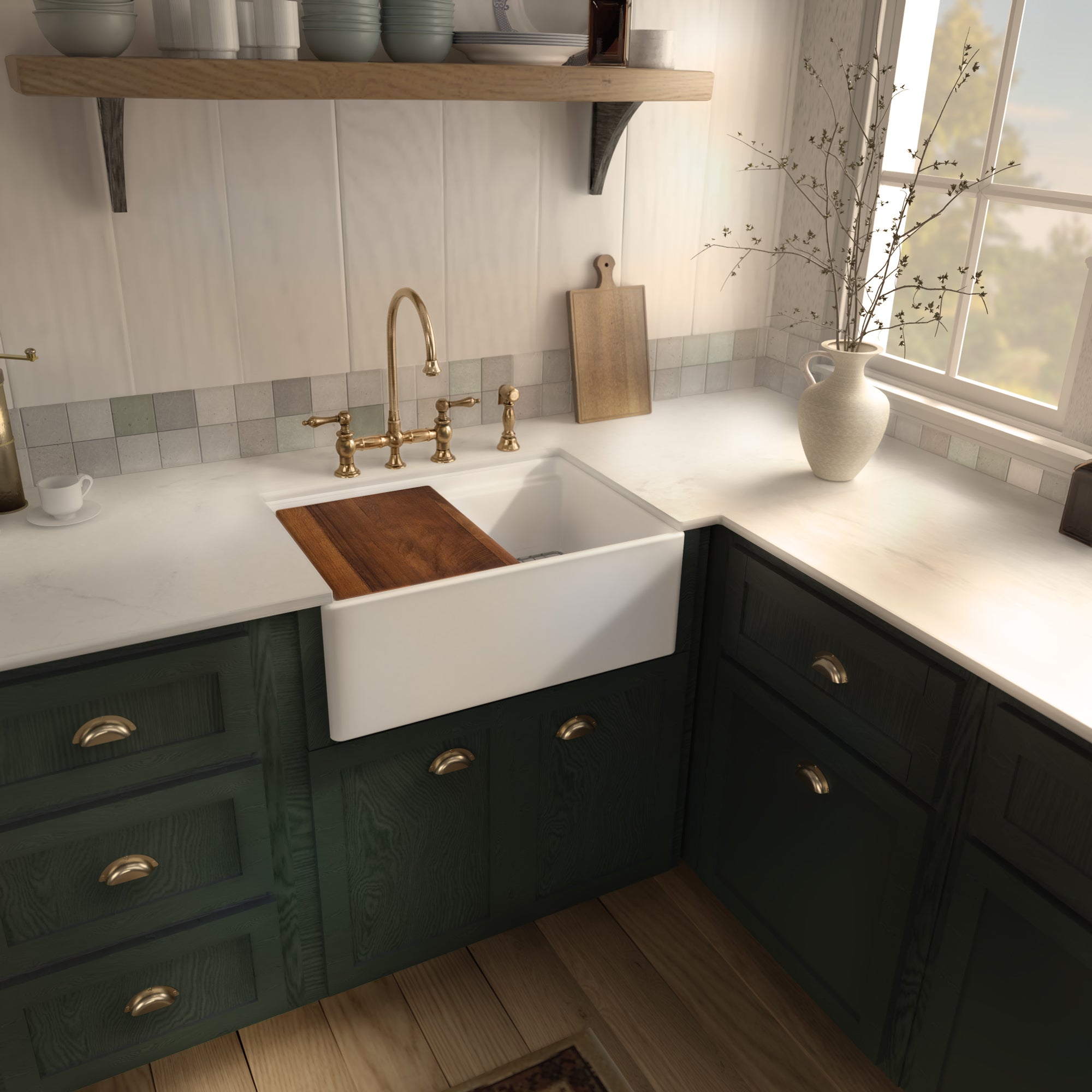 Front apron single bowl fireclay kitchen sinks with walnut wood cutting board and stainless steel grid