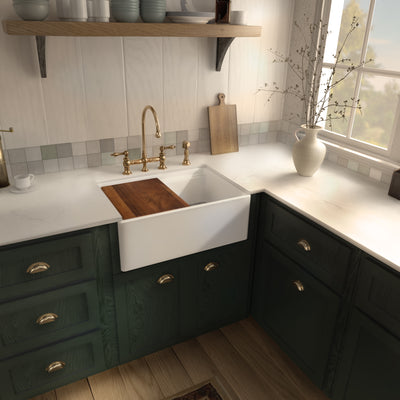 Front apron single bowl fireclay kitchen sinks with walnut wood cutting board and stainless steel grid