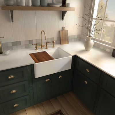 Front apron single bowl fireclay kitchen sinks with walnut wood cutting board and stainless steel grid