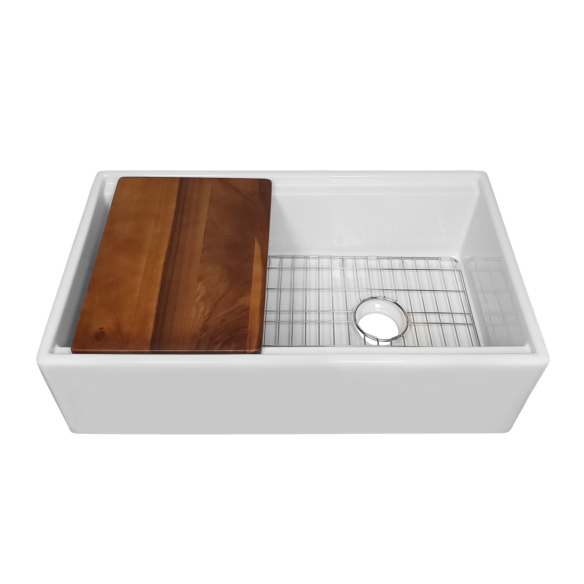 Front apron single bowl fireclay kitchen sinks with walnut wood cutting board and stainless steel grid