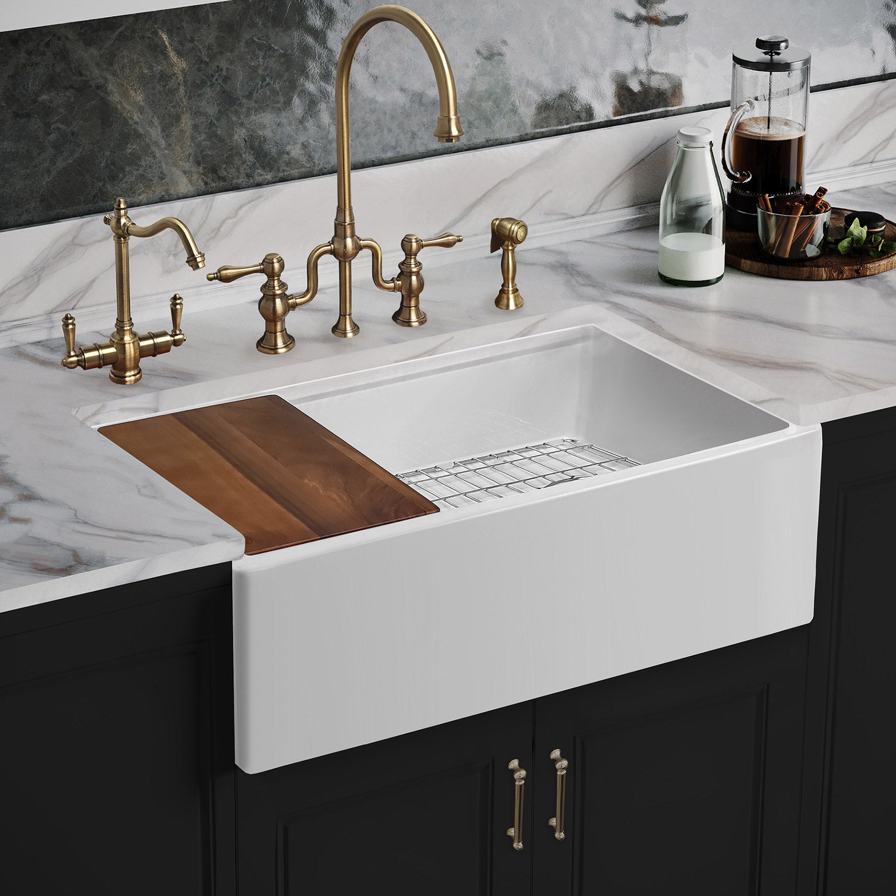 Front Apron Single Bowl Fireclay Kitchen Sinks With Walnut Wood Cutting Board and Stainless Steel Grid