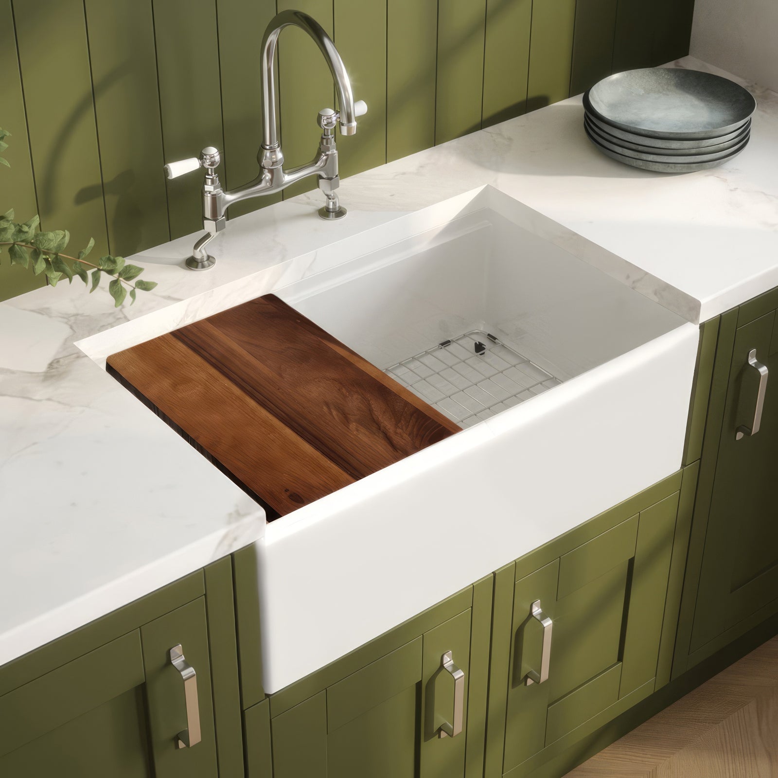 Front Apron Single Bowl Fireclay Kitchen Sinks With Walnut Wood Cutting Board and Stainless Steel Grid