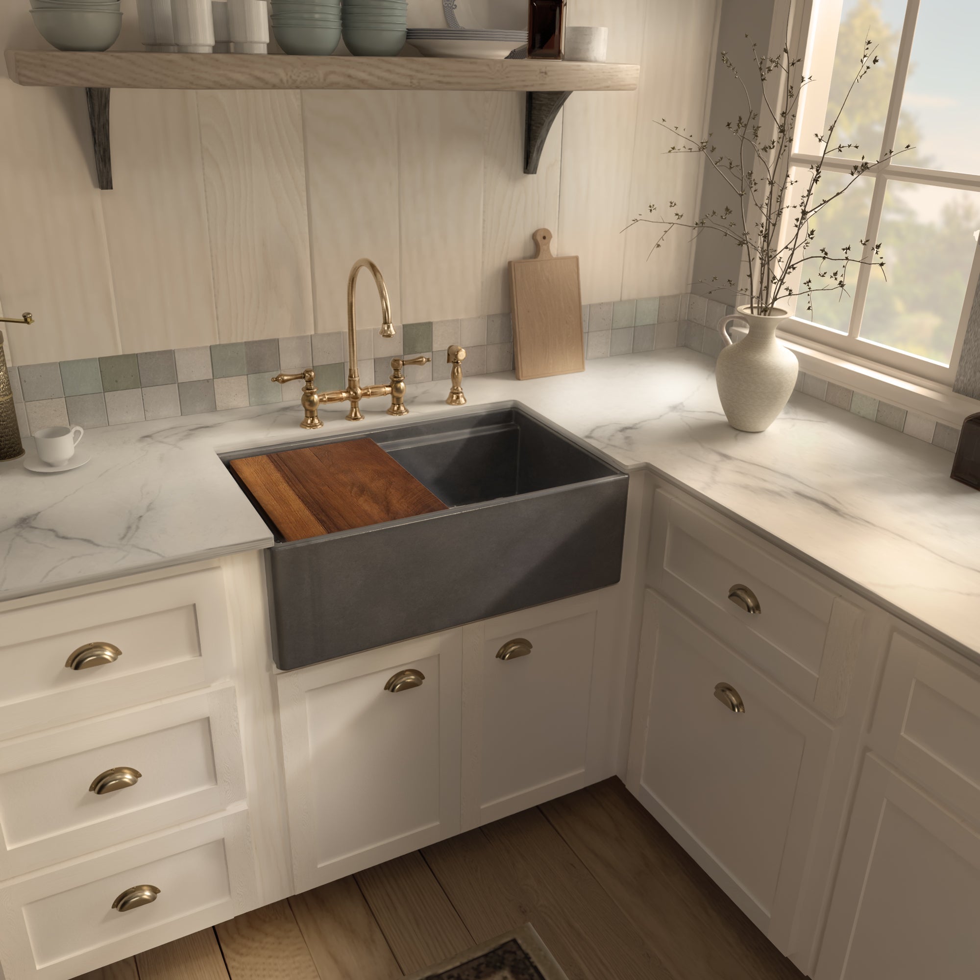 Front apron single bowl fireclay kitchen sinks with walnut wood cutting board and stainless steel grid