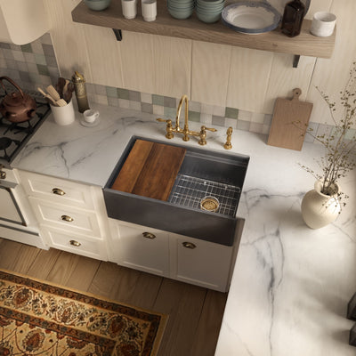 Front apron single bowl fireclay kitchen sinks with walnut wood cutting board and stainless steel grid