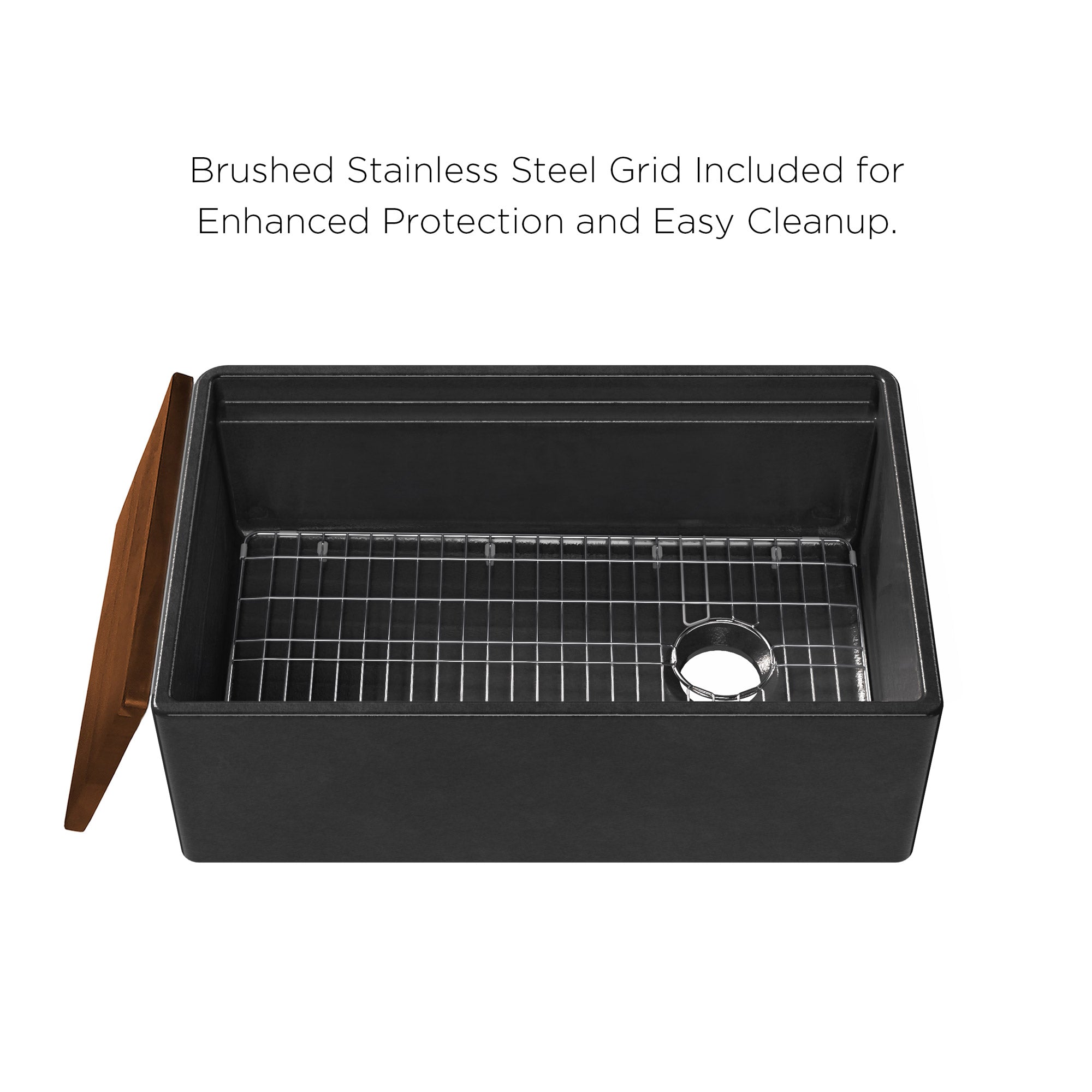 Front apron single bowl fireclay kitchen sinks with walnut wood cutting board and stainless steel grid