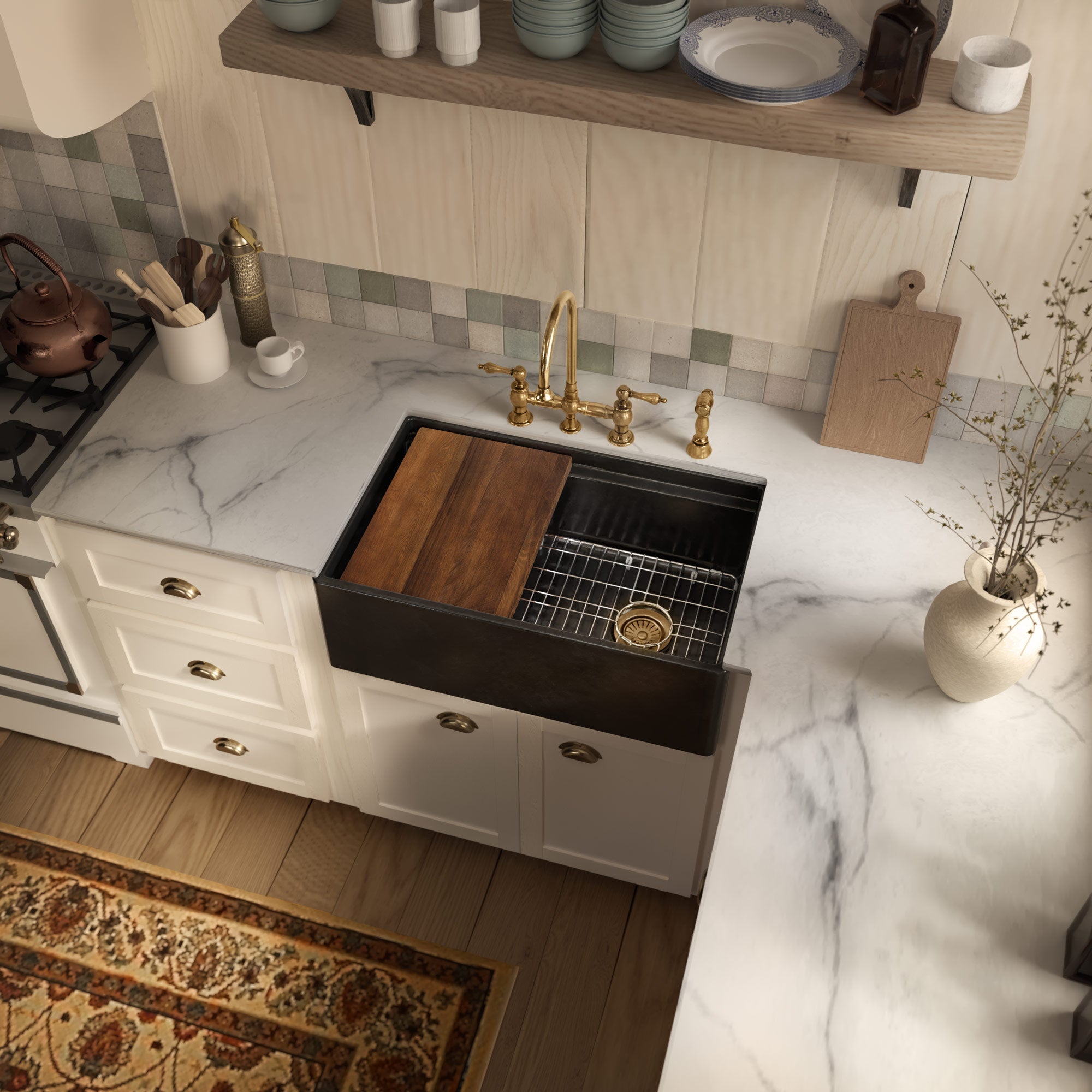 Front apron single bowl fireclay kitchen sinks with walnut wood cutting board and stainless steel grid
